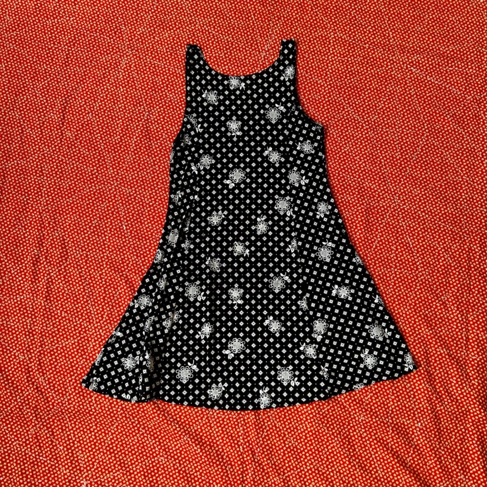 Vintage 90s Black White Floral Geometric Sleeveless Mini Dress Twee Coquette